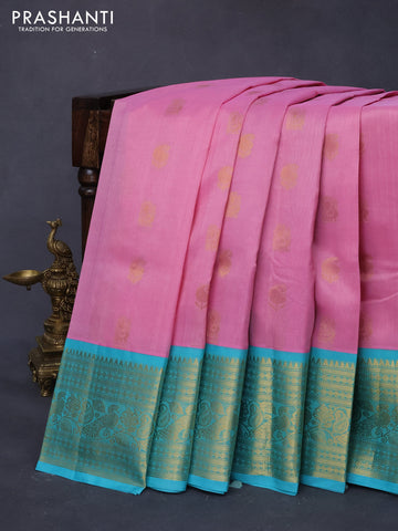 Silk cotton saree light pink and teal blue with annam zari woven buttas and zari woven korvai border