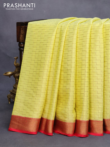 Mysore silk saree pale yellow and red with allover zig zag weaves and zari woven border