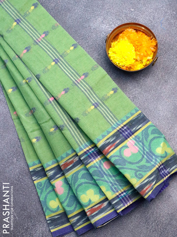 Bengal cotton saree green shade and blue with thread woven buttas and thread woven border without blouse