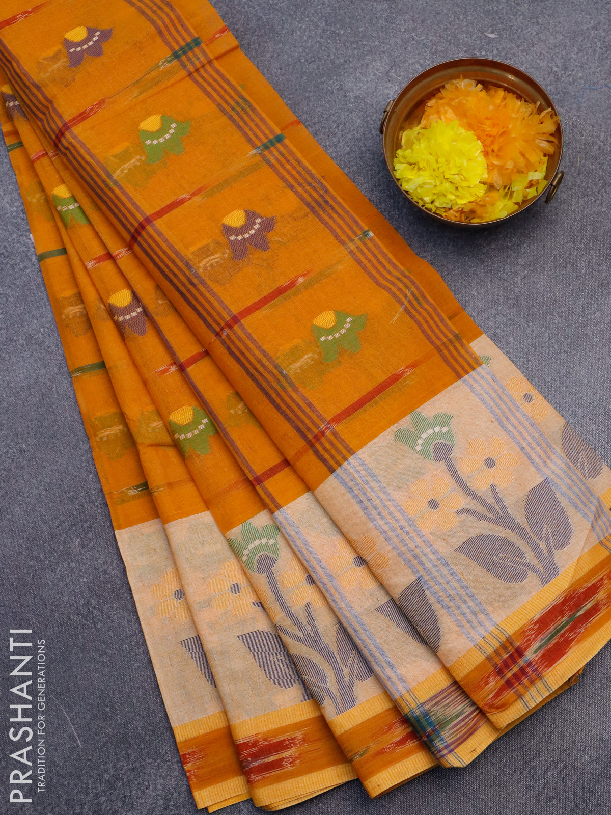 Bengal cotton saree mustard yellow with thread woven ikat butta weaves and thread woven border without blouse