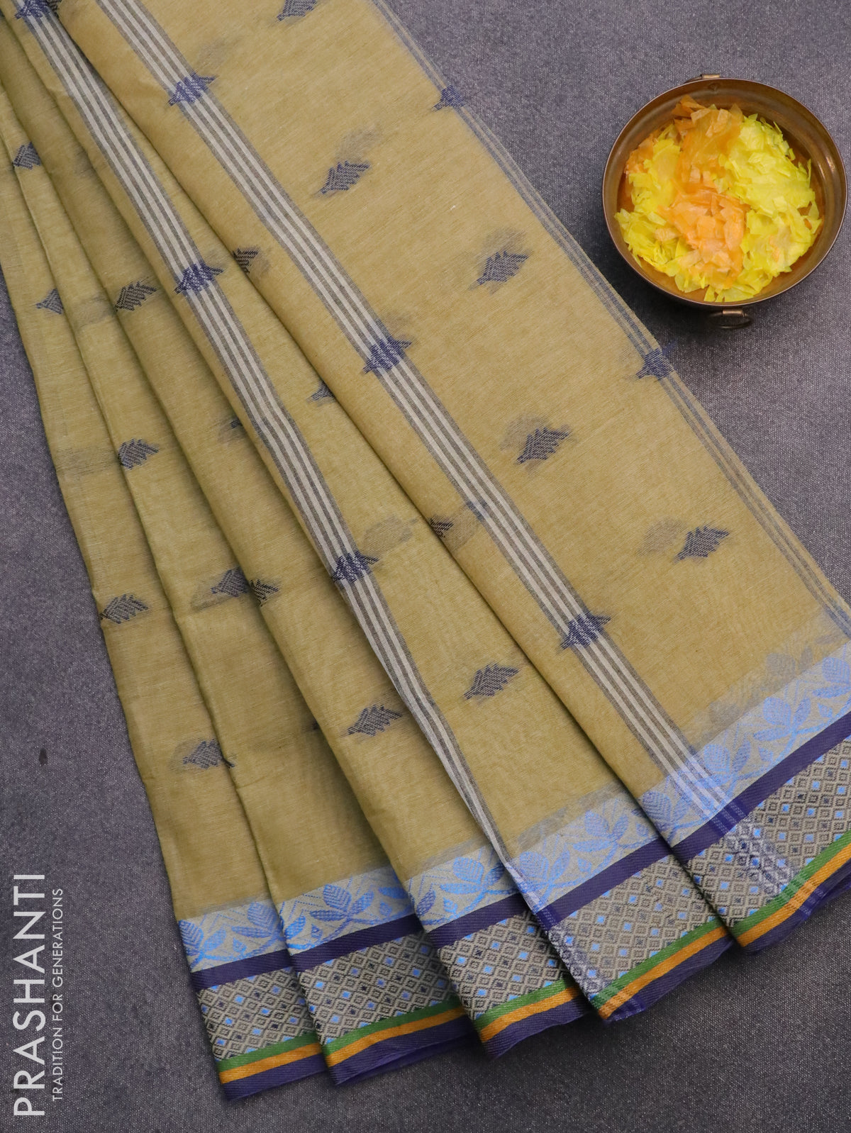 Bengal cotton saree elaichi green and blue with thread woven buttas and thread woven border without blouse