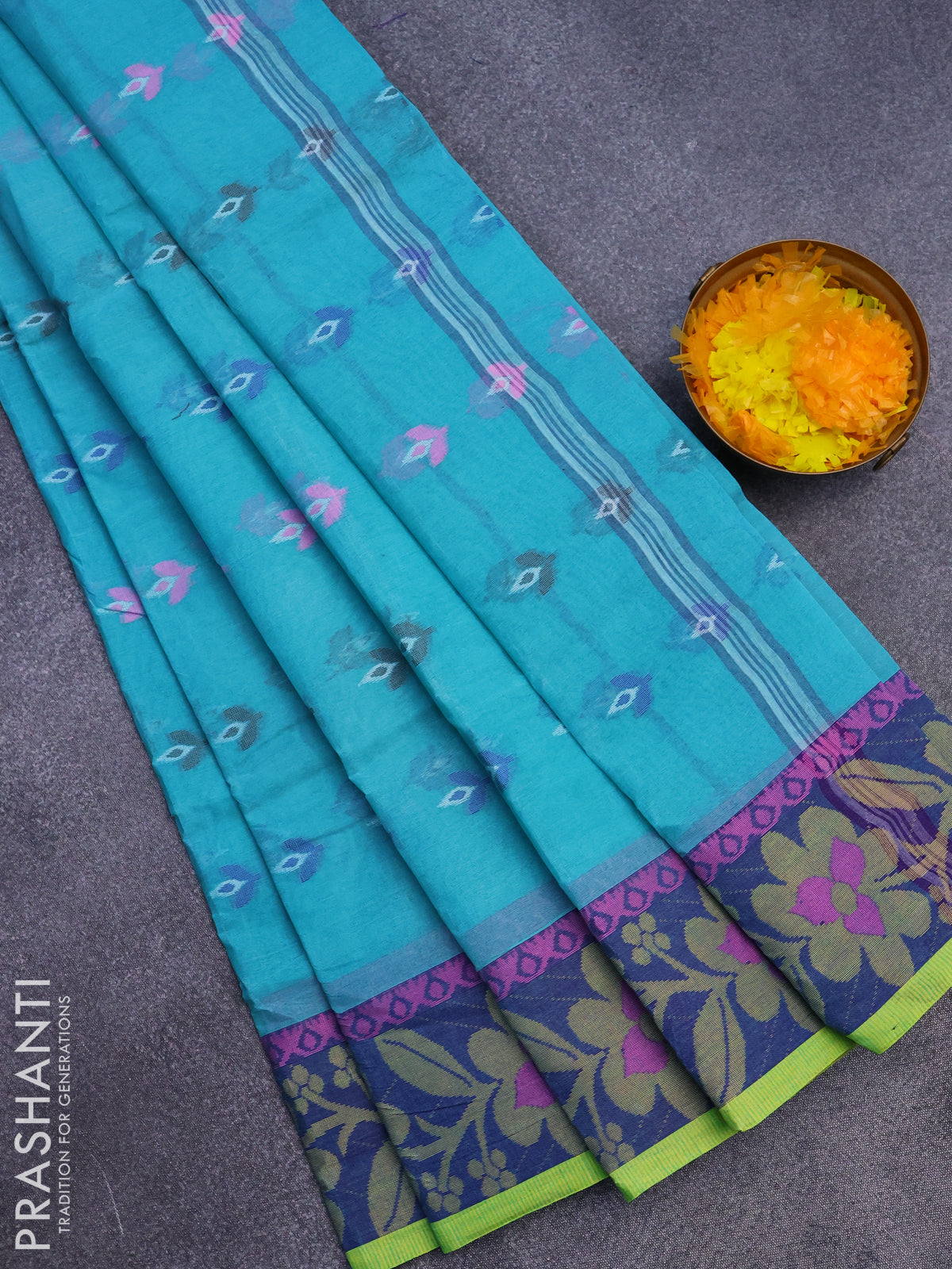 Bengal cotton saree teal blue and blue with thread woven buttas and thread woven border without blouse