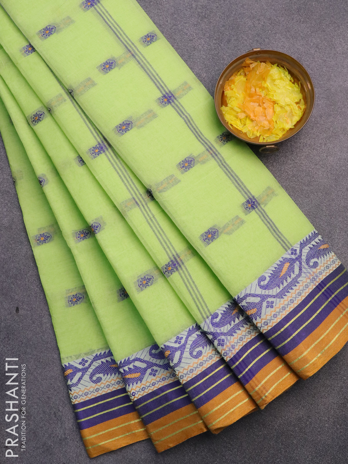 Bengal cotton saree light green and mustard shade with thread woven buttas and thread woven border without blouse