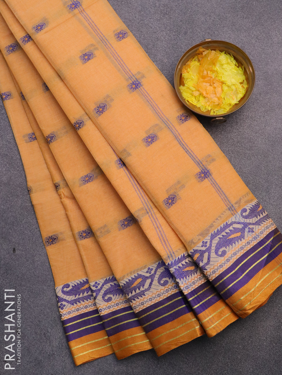 Bengal cotton saree mustard yellow with thread woven buttas and thread woven border without blouse