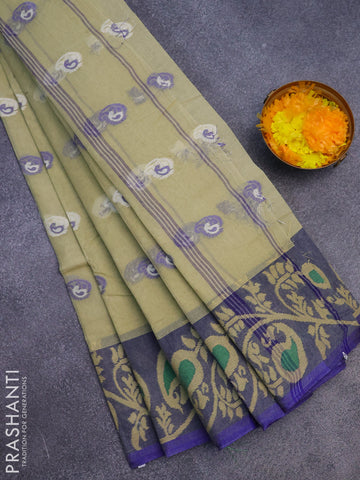 Bengal cotton saree elaichi green and blue with thread woven buttas and long thread woven border without blouse