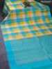 Pure kanjivaram silk saree multi colour and teal blue with allover paalum pazhamum checked pattern in borderless style