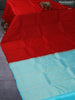 Pure kanjivaram silk saree red and teal blue with allover self emboss & zari weaves in borderless style