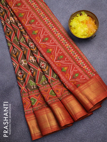 Semi tussar saree brown shade and red shade with allover ikat prints and zari woven border