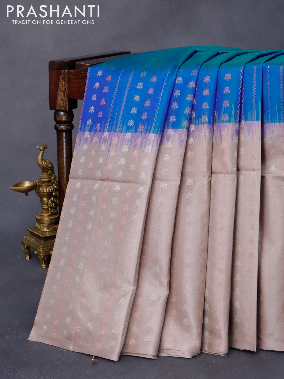 Pure soft silk saree dual shade of bluish green and grey with silver & copper zari weaves and zari woven butta border