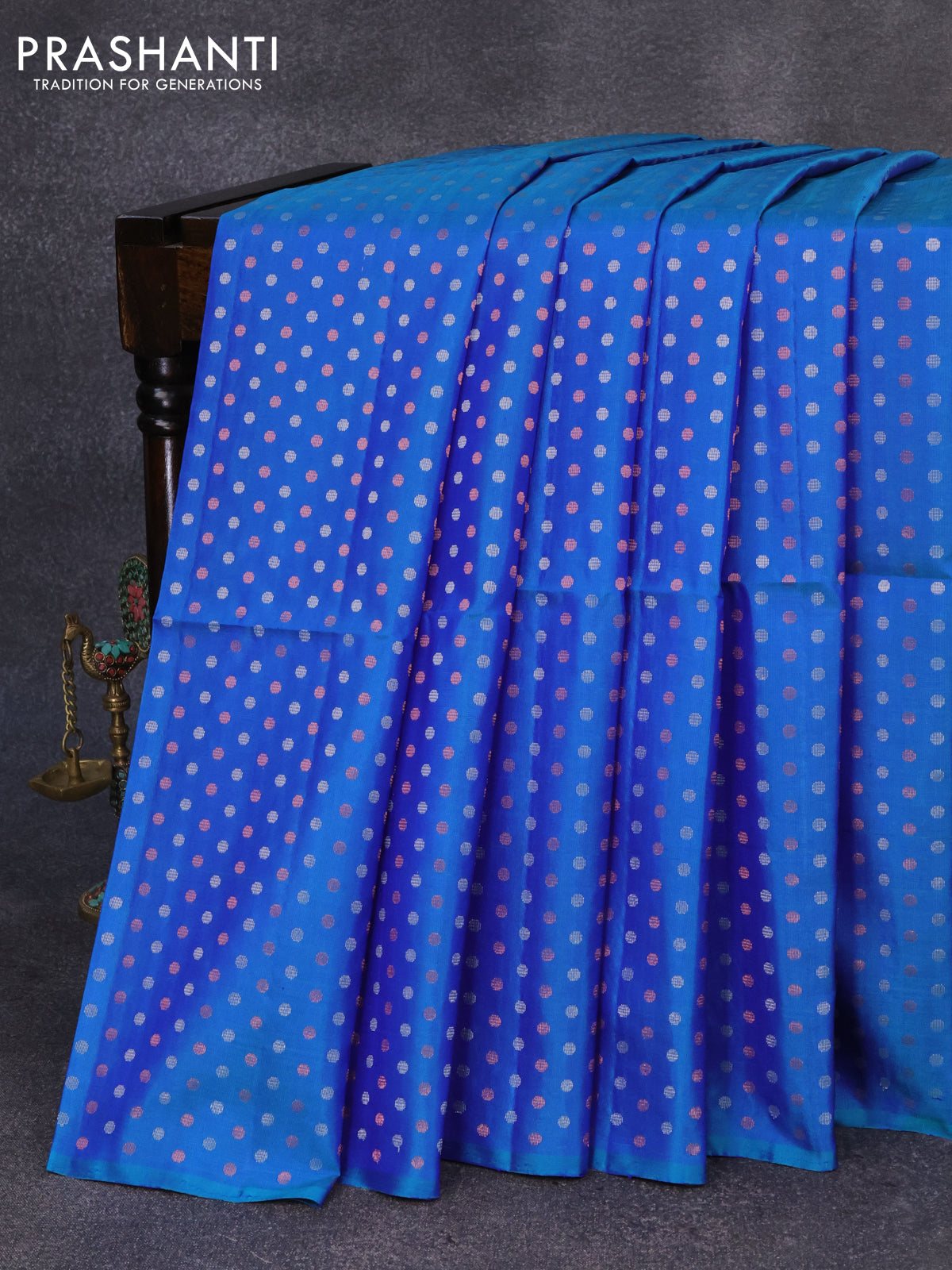 Pure soft silk saree dual shade of blue and grey shade with silver & copper zari woven butta weaves in borderless style