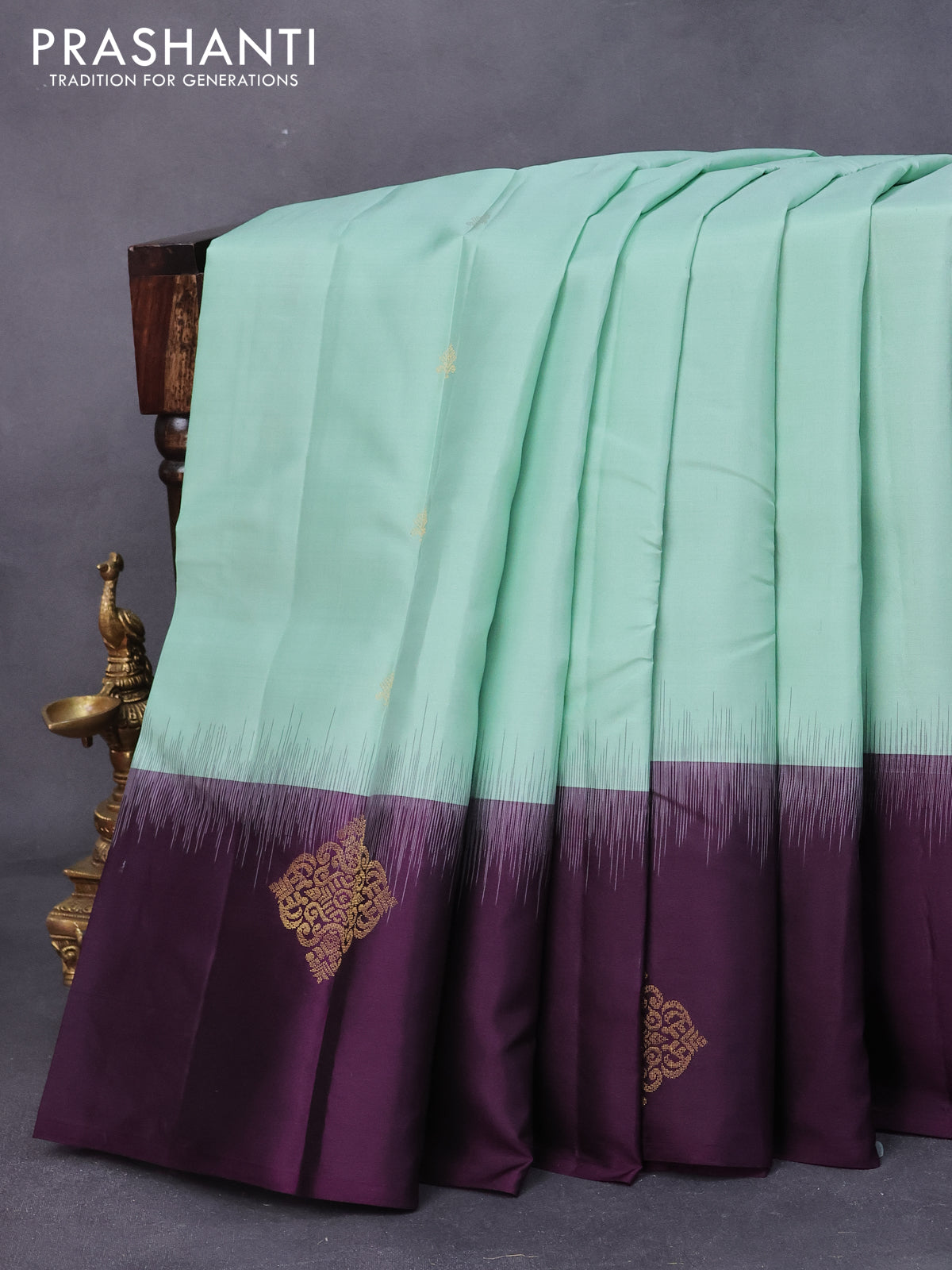 Pure kanjivaram silk saree pastel blue and deep violet with zari woven buttas and zari woven butta border