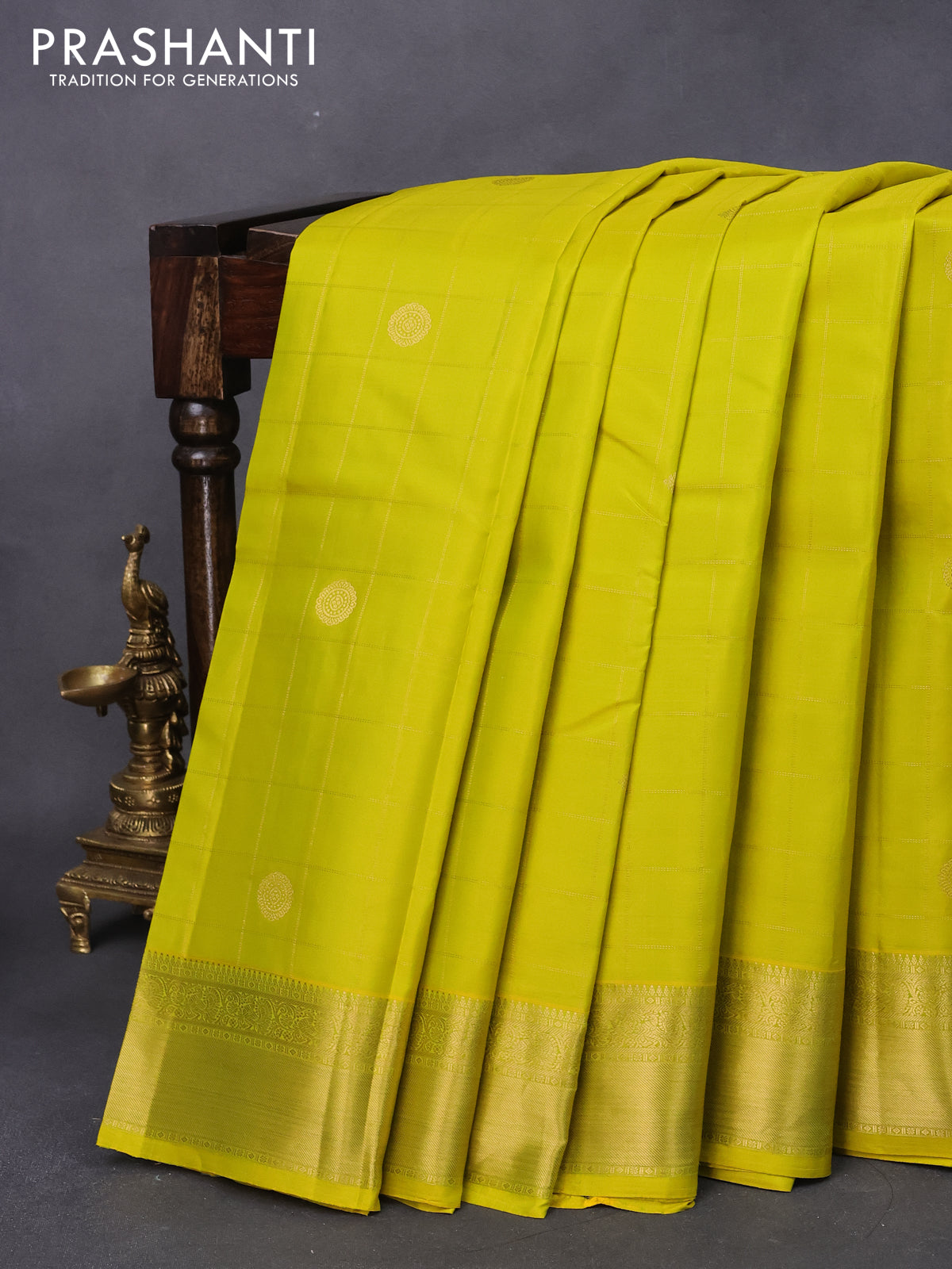 Pure kanjivaram silk saree lime yellow and dark green with allover zari checks & buttas and zari woven border
