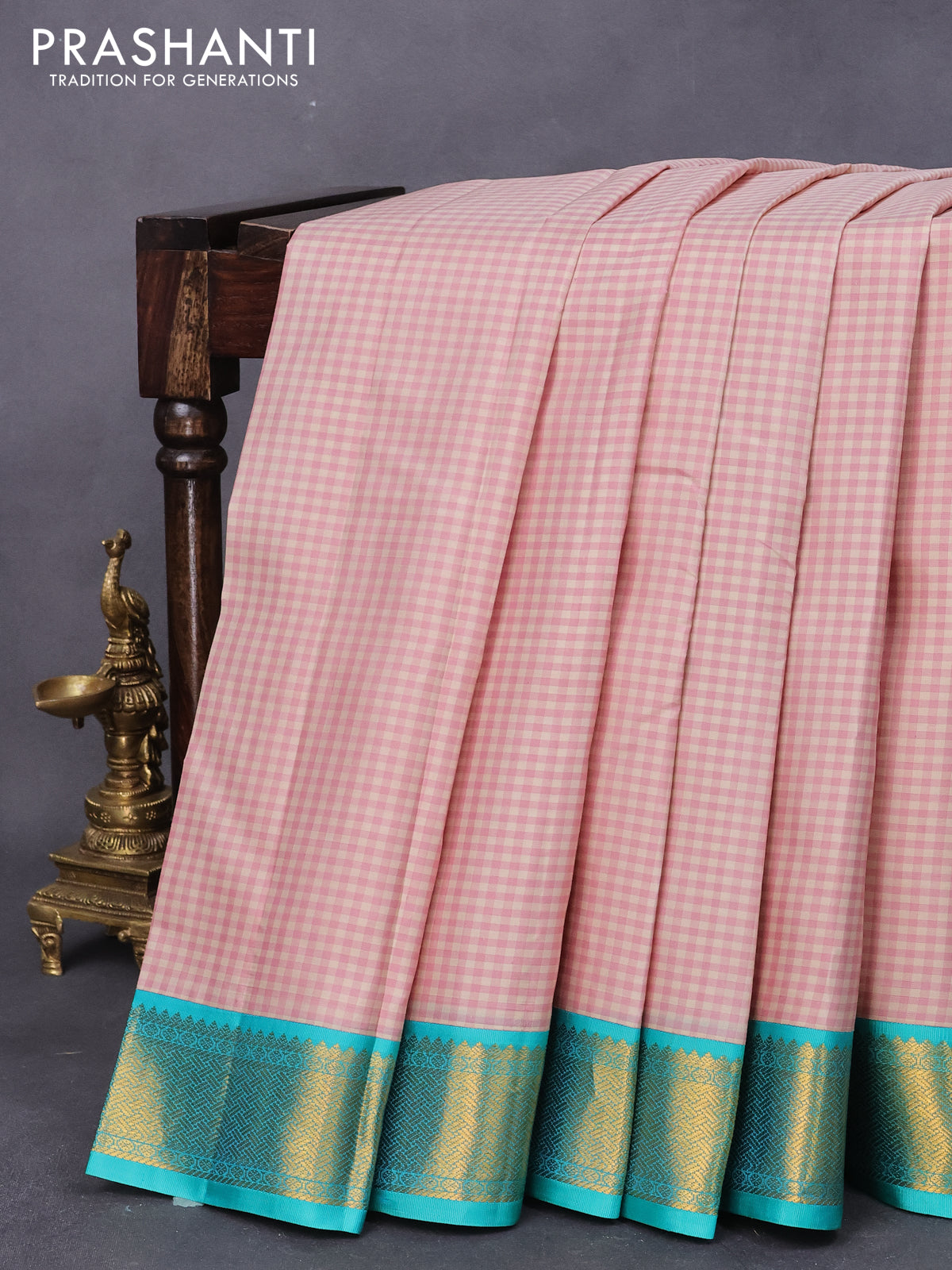 Pure kanjivaram silk saree pastel pink and teal blue with allover paalum pazhamum checked pattern and zari woven korvai border