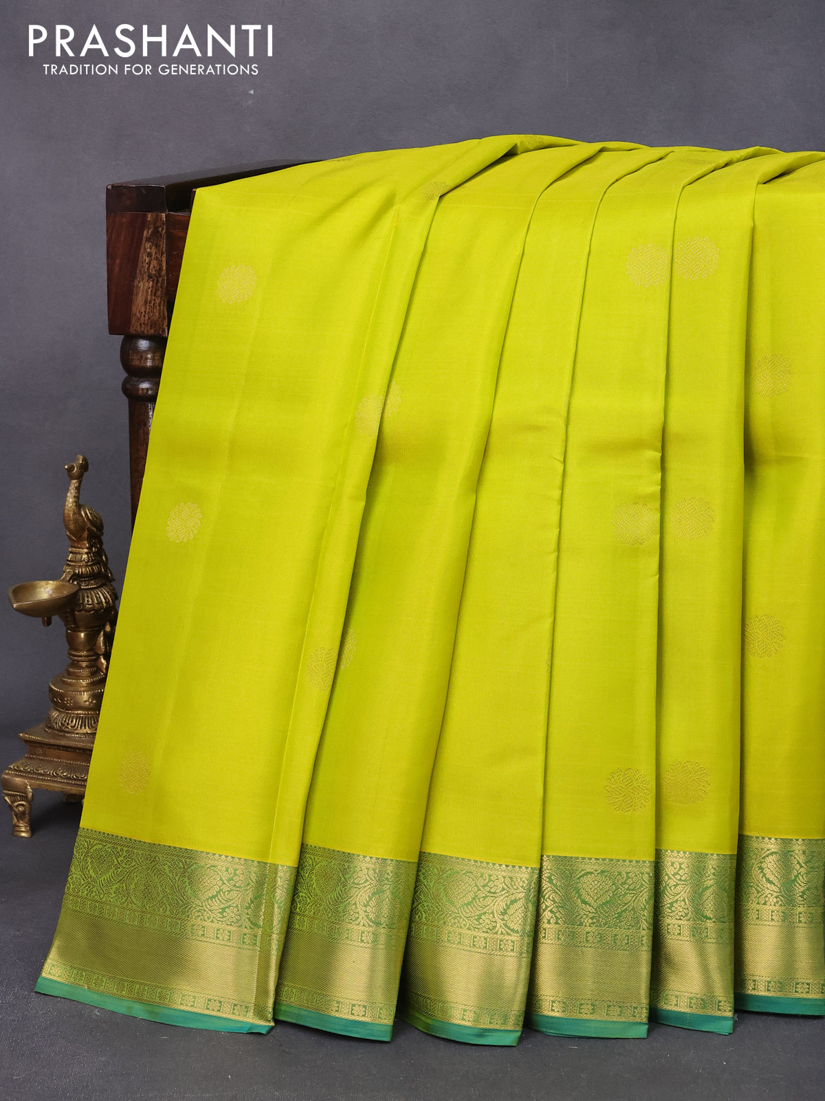 Pure kanjivaram silk saree lime green and teal blue with zari woven buttas and zari woven border