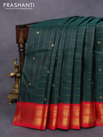 Pure kanjivaram silk saree bottle green and red with allover zari checks & buttas and zari woven korvai border