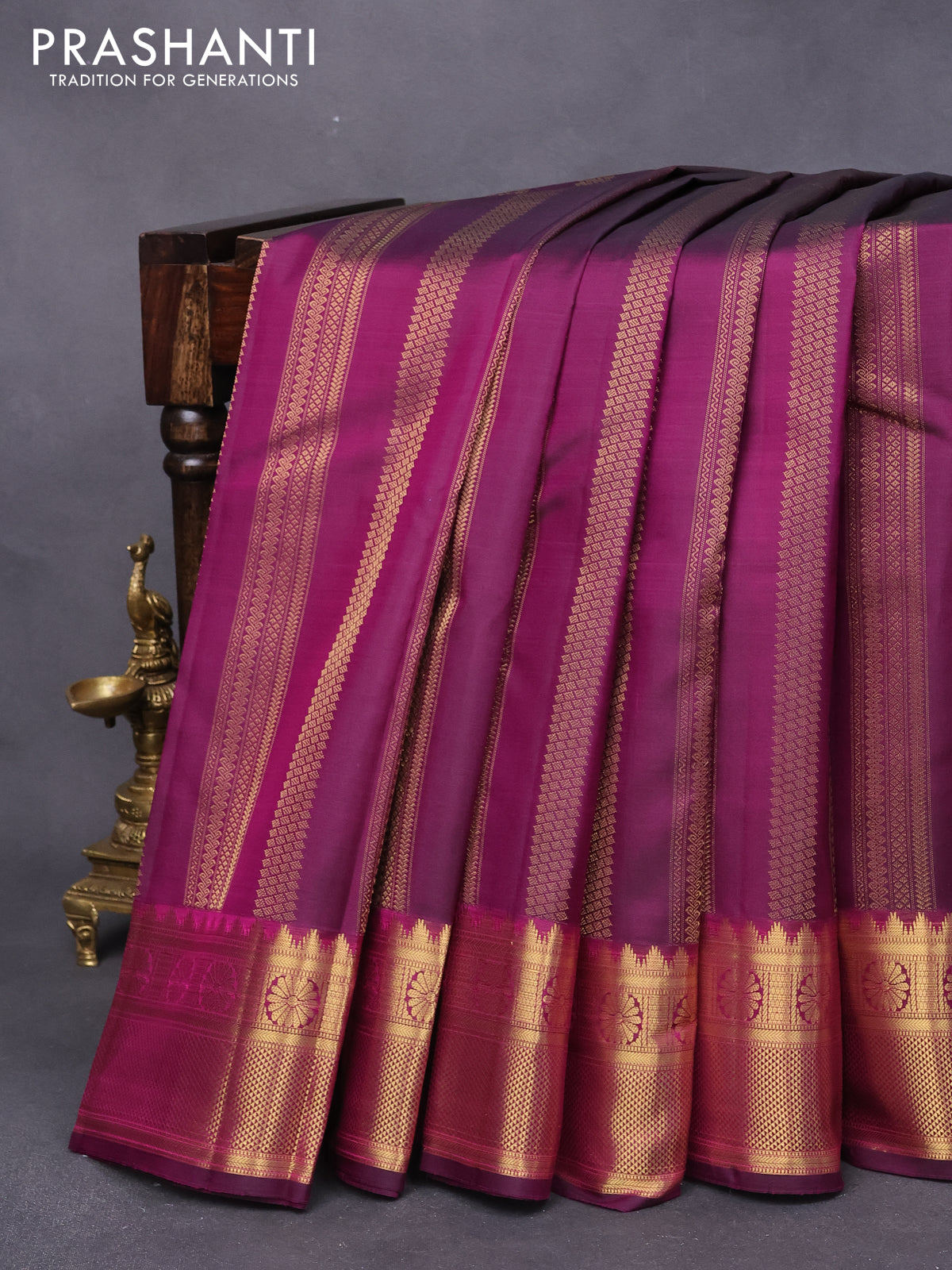 Pure kanjivaram silk saree purple and teal green with allover zari weaves and rich zari woven border