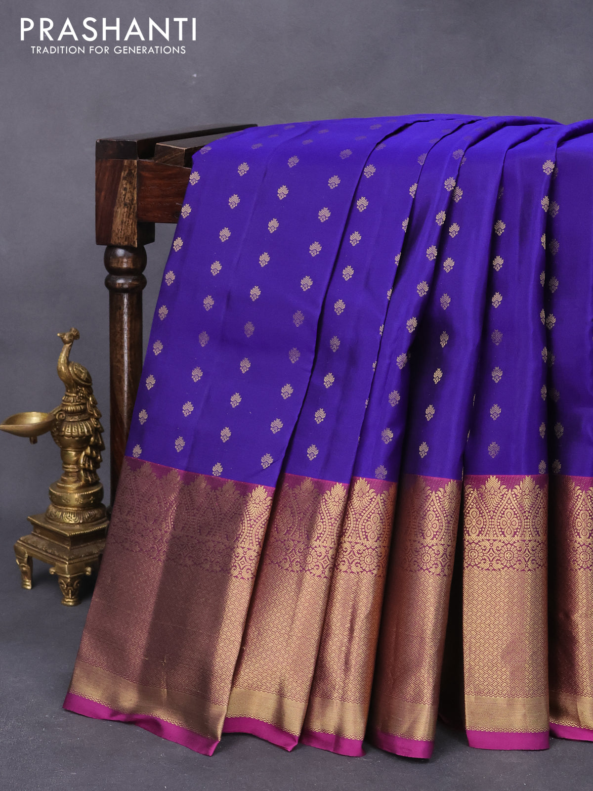 Pure kanjivaram silk saree blue and magenta pink with allover zari woven buttas and long zari woven border