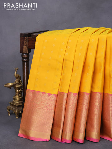 Pure kanjivaram silk saree mango yellow and pink with allover zari woven buttas and long zari woven border