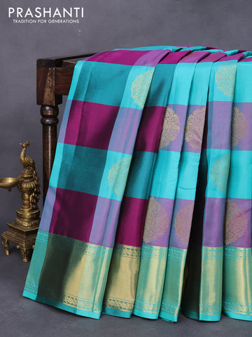 Pure kanjivaram silk saree multi colour and teal blue with paalum pazhamum checks & zari buttas and zari woven border