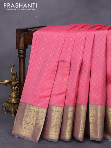 Pure kanjivaram silk saree pink shade and green with allover self emboss & zari buttas and zari woven border