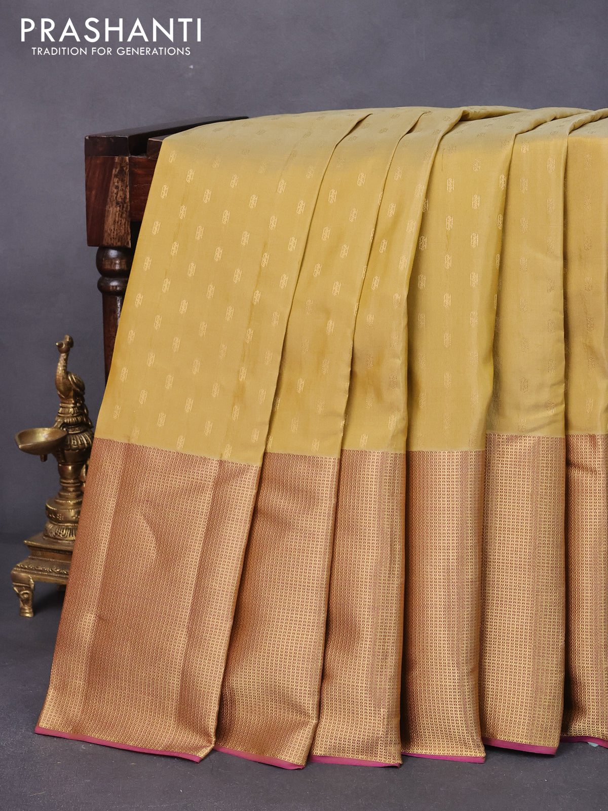 Pure kanjivaram silk saree pale yellow and purple with zari woven buttas and long zari woven border