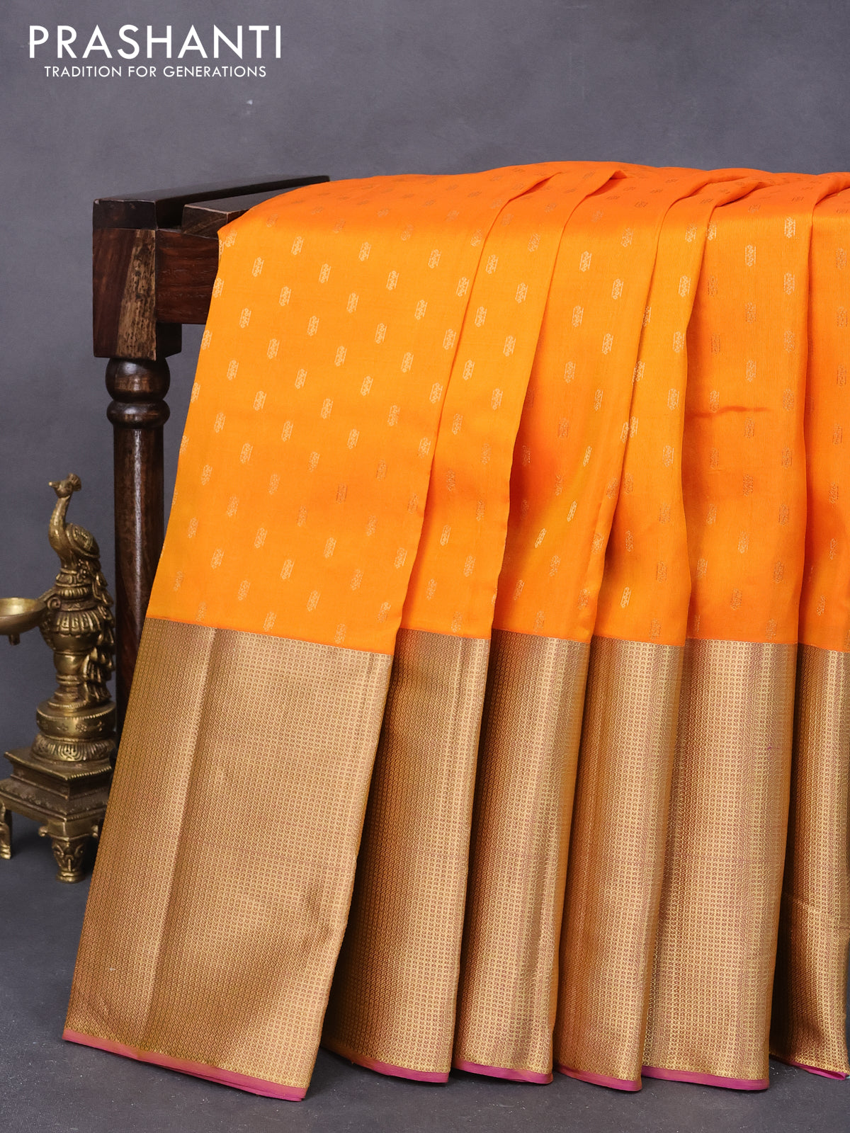 Pure kanjivaram silk saree orange and purple with zari woven buttas and long zari woven border