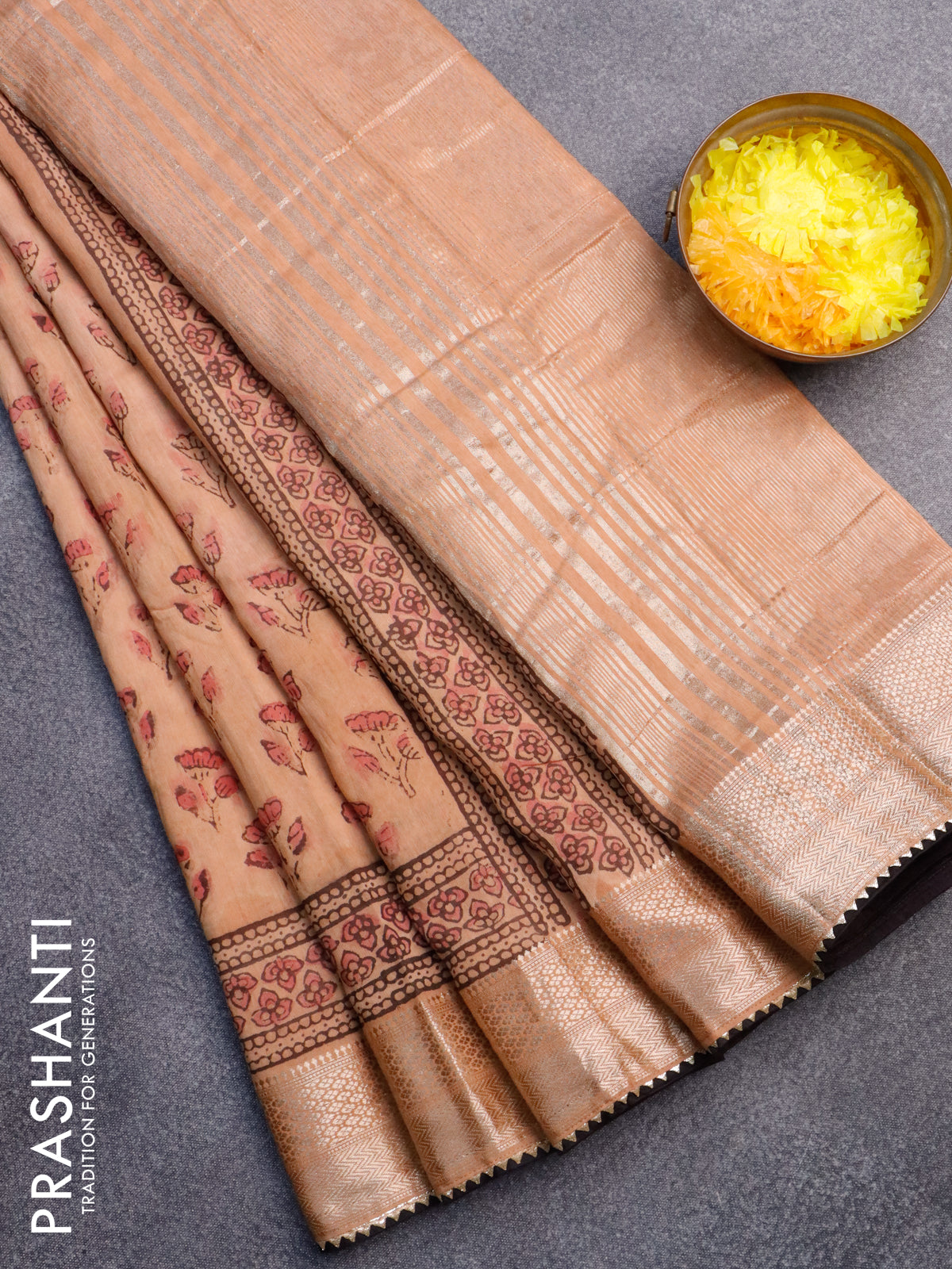 Chanderi silk cotton saree pastel peach and dark coffee brown with natural vegetable prints and zari woven gotapatti lace border