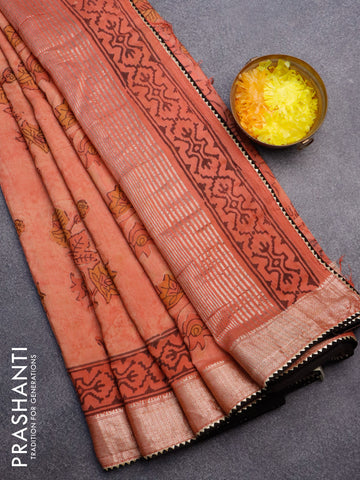 Chanderi silk cotton saree rustic orange and black with natural vegetable prints and zari woven gotapatti lace border