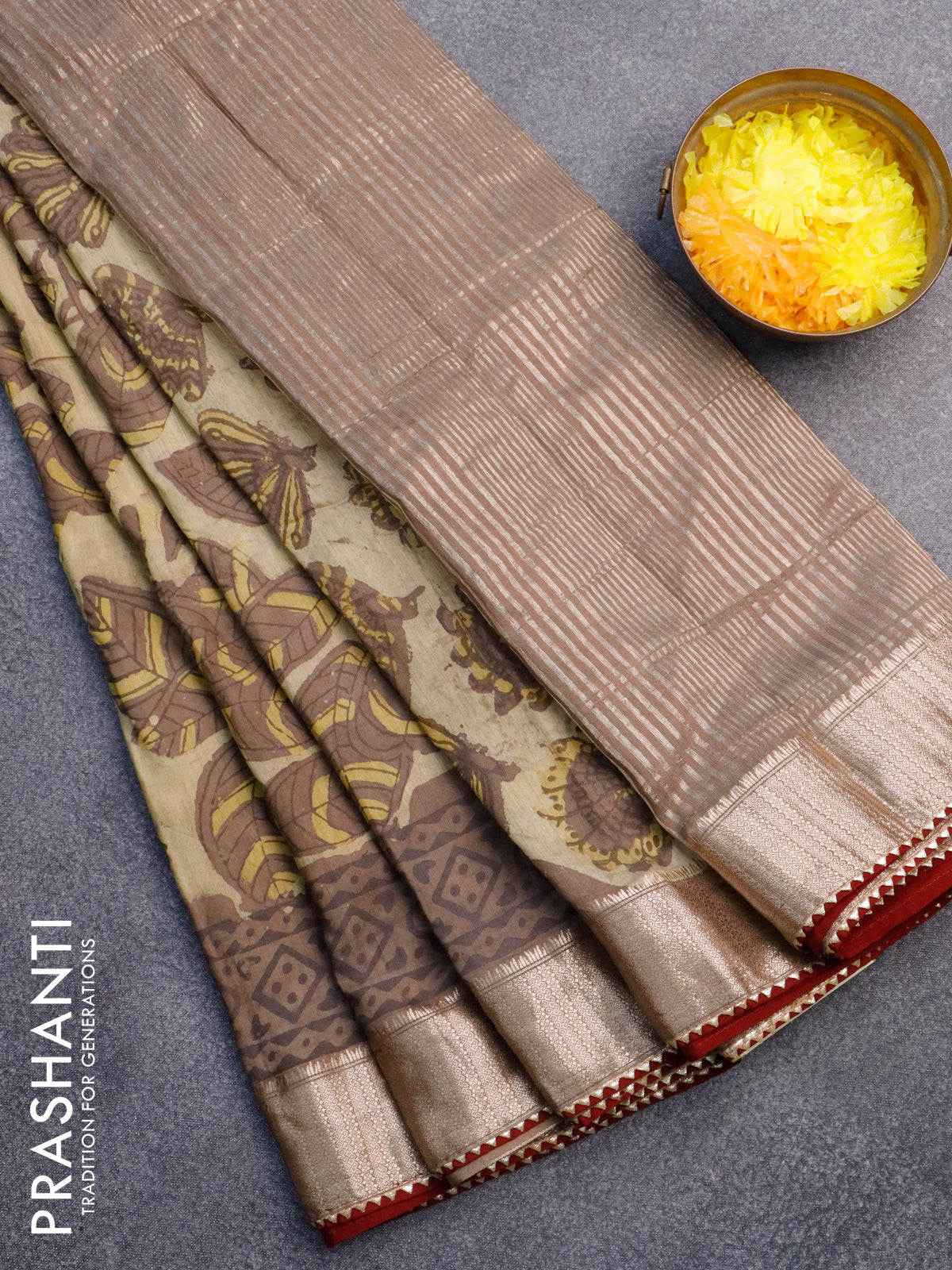 Chanderi silk cotton saree elaichi green and brown shade maroon with natural vegetable prints and zari woven gotapatti lace border