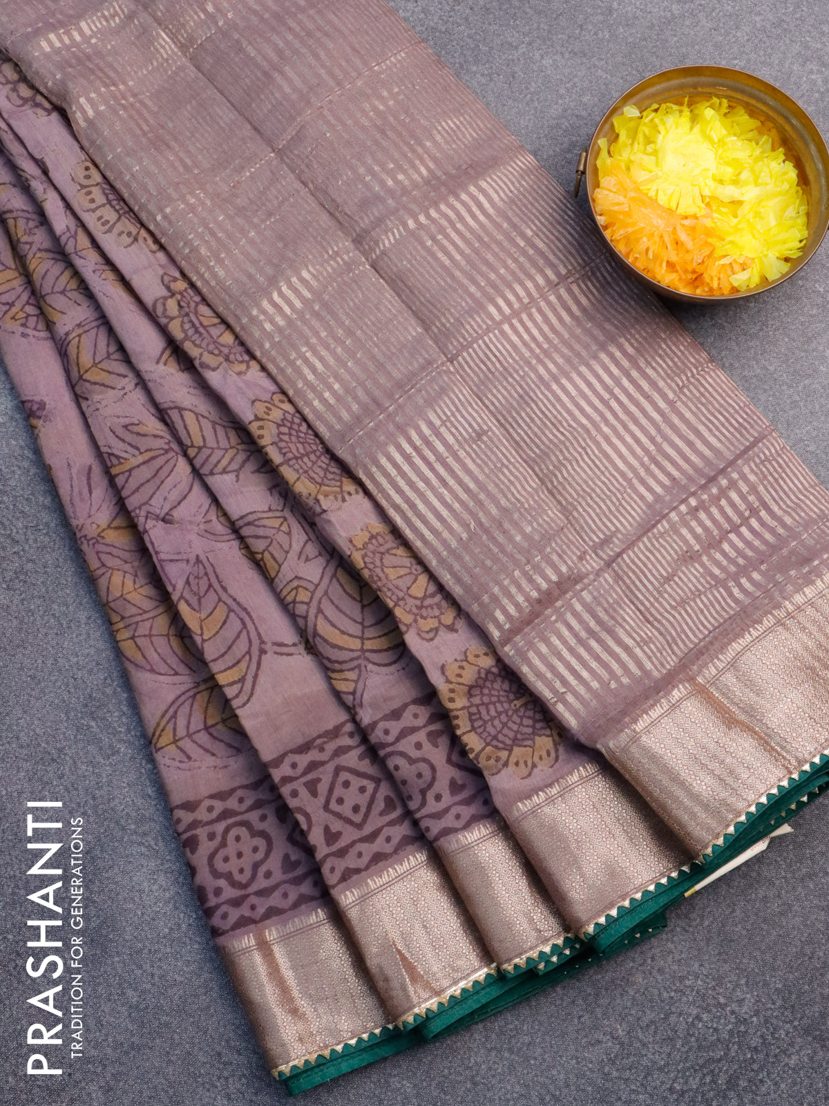 Chanderi silk cotton saree pastel wine shade and green with natural vegetable prints and zari woven gotapatti lace border