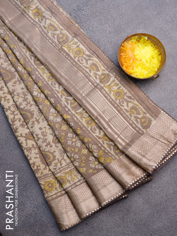 Chanderi silk cotton saree beige grey with natural vegetable prints and zari woven gotapatti lace border