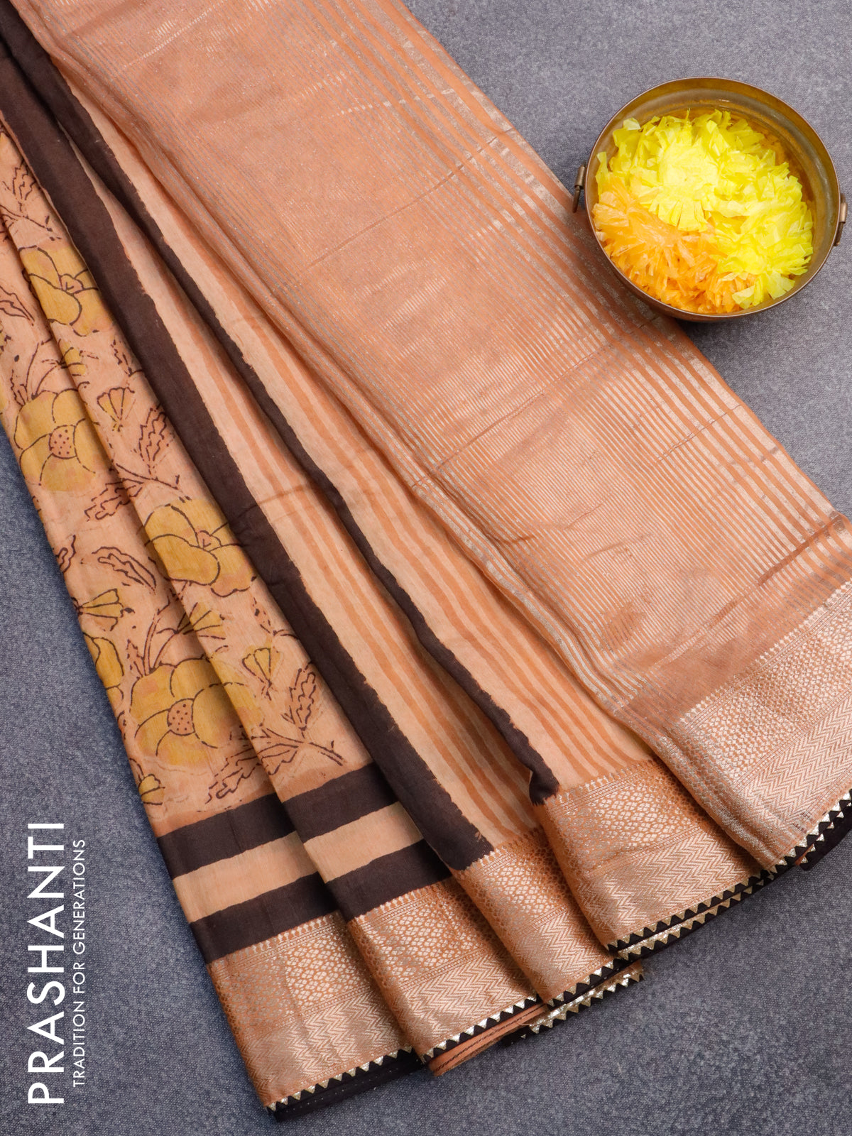 Chanderi silk cotton saree pastel peach and black with natural vegetable prints and zari woven gotapatti lace border