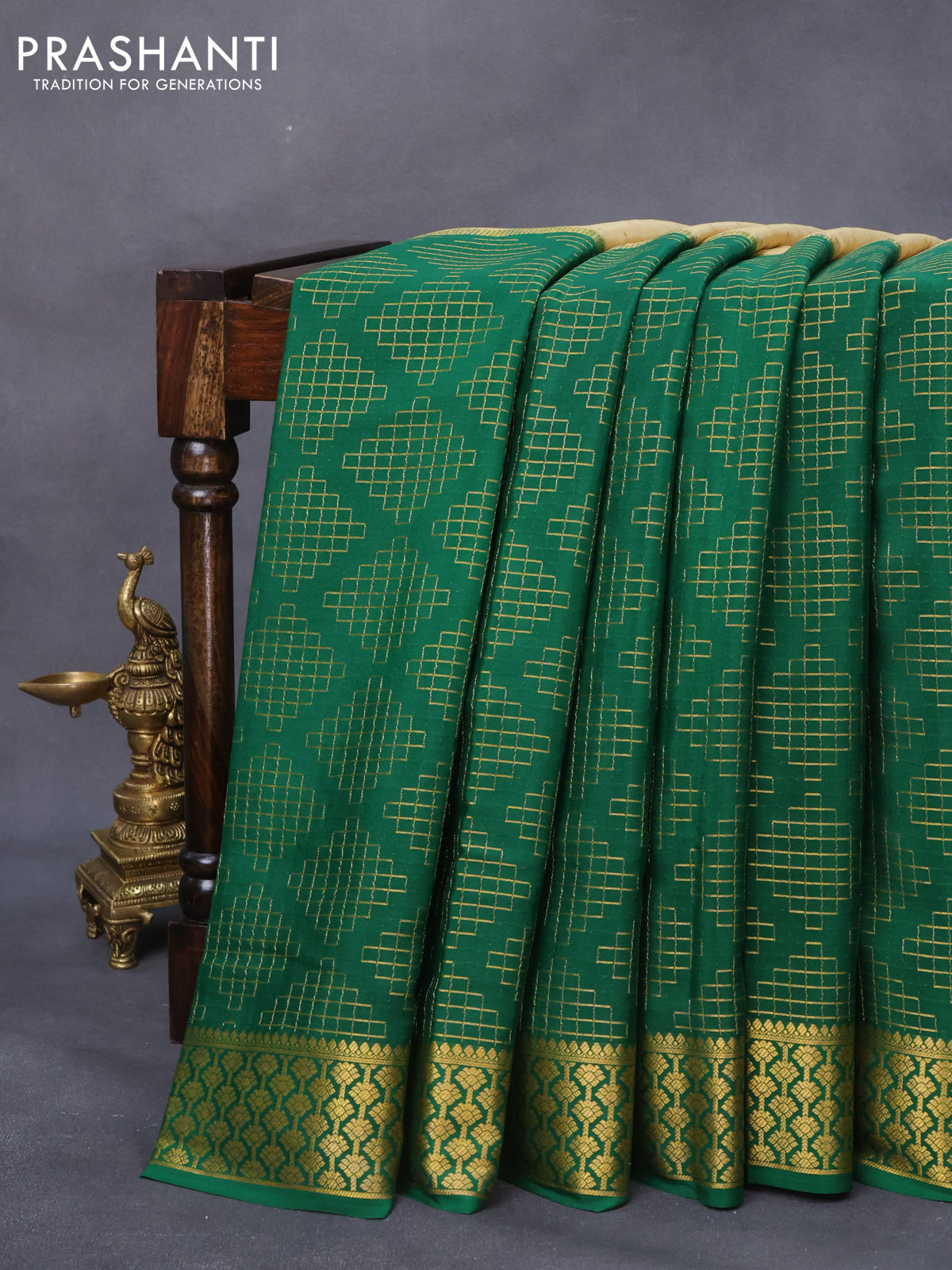 Pure mysore silk saree sandal and green with half & half style and zari woven border