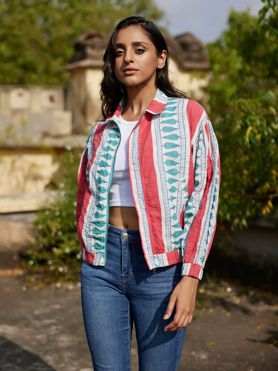 Jane Kantha Embroidered Block Printed Bomber Jacket