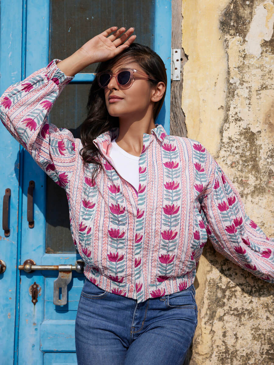 Julie Kantha Embroidered Block Printed Bomber Jacket
