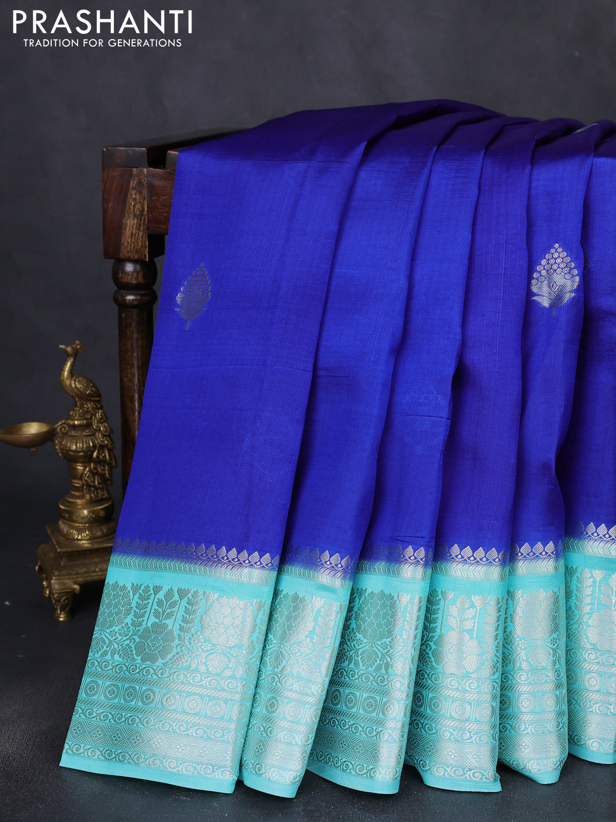 Banarasi poona silk saree blue and teal blue with silver zari woven buttas and rich zari woven border