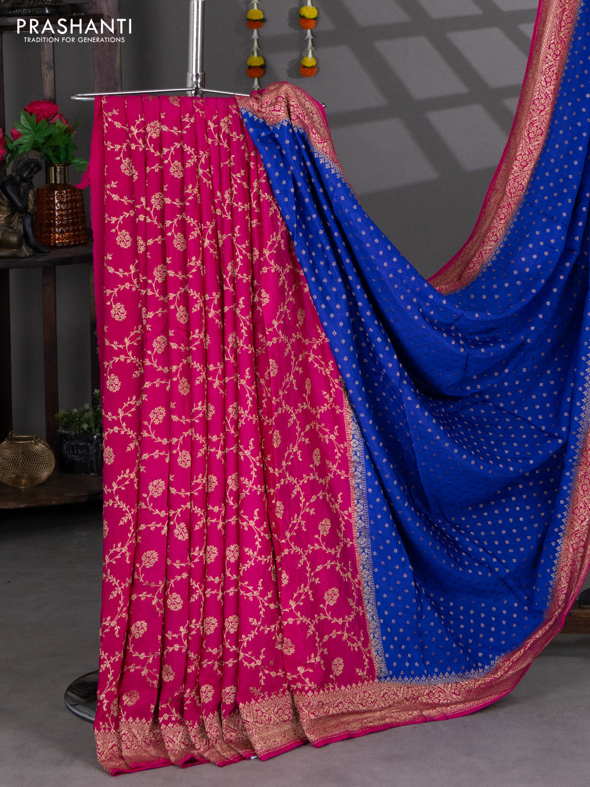 Banarasi crepe partly saree blue and pink with woven buttas and woven border
