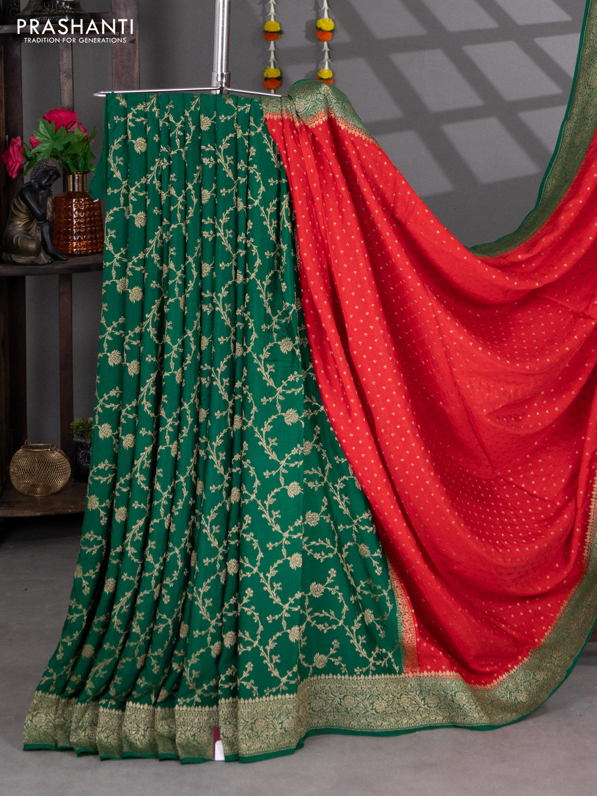 Banarasi crepe partly saree pink and green with woven buttas and woven border