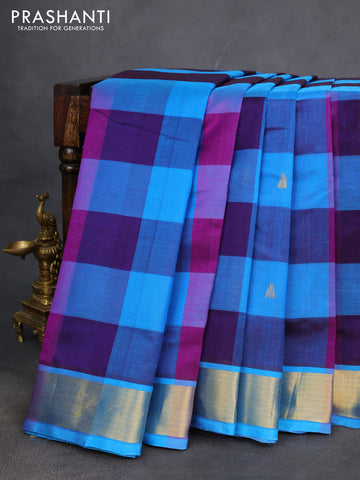 10 yards silk cotton saree deep purple and cs blue with allover paalum pazhamum checks & buttas and zari woven border