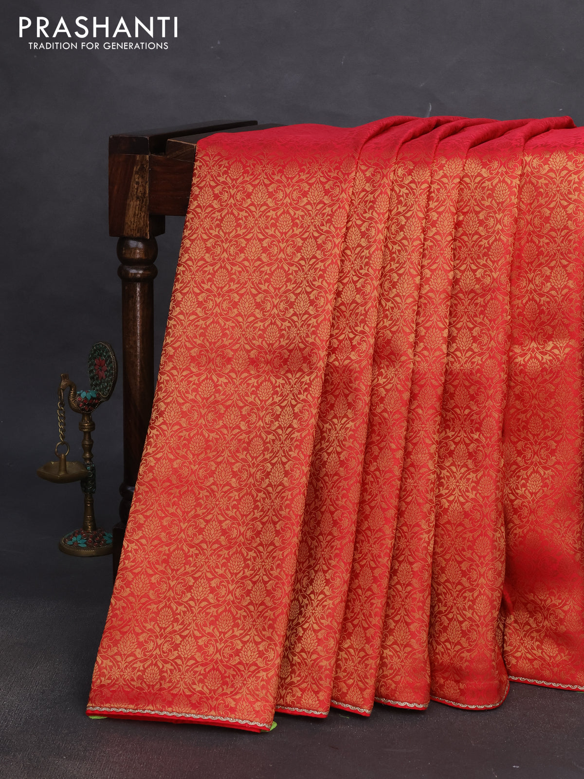 Banarasi semi crepe saree red with allover zari woven brocade weaves and lace work border