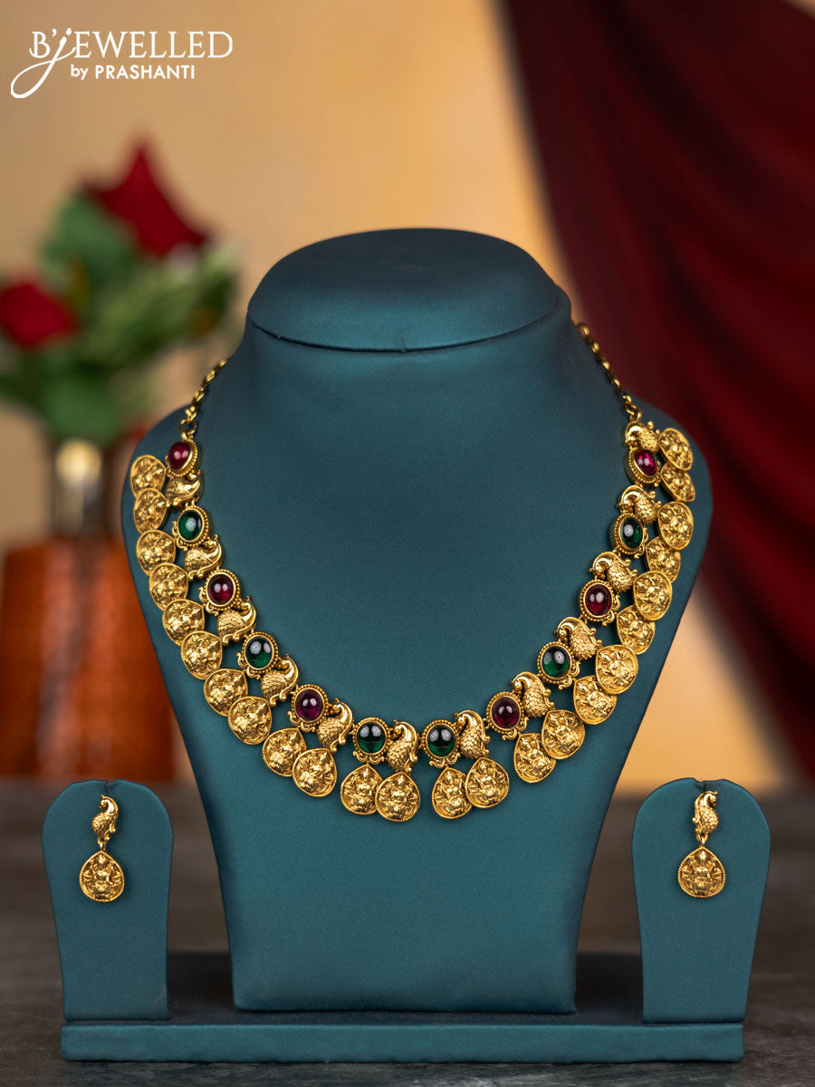 Antique necklace lakshmi & peacock design with kemp stones