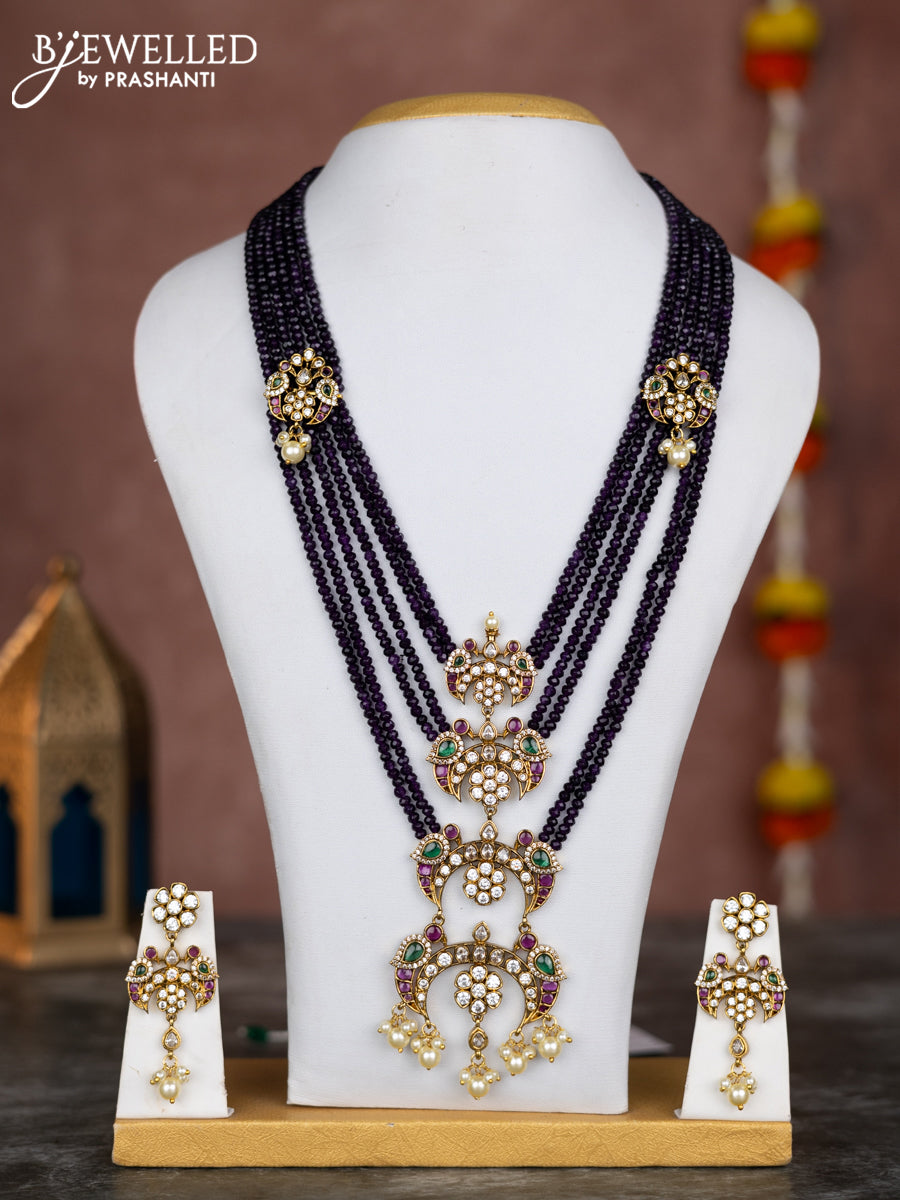 Beaded multilayer violet necklace chandbali pendant with kemp & cz stones and pearl hangings in victorian finish