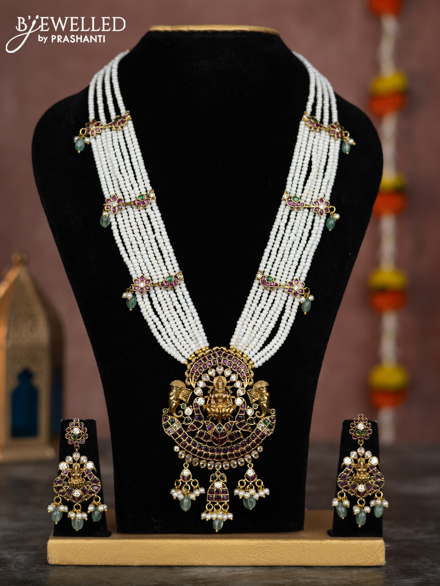 Beaded multilayer white necklace lakshmi pendant with kemp & cz stones and pearl hangings
