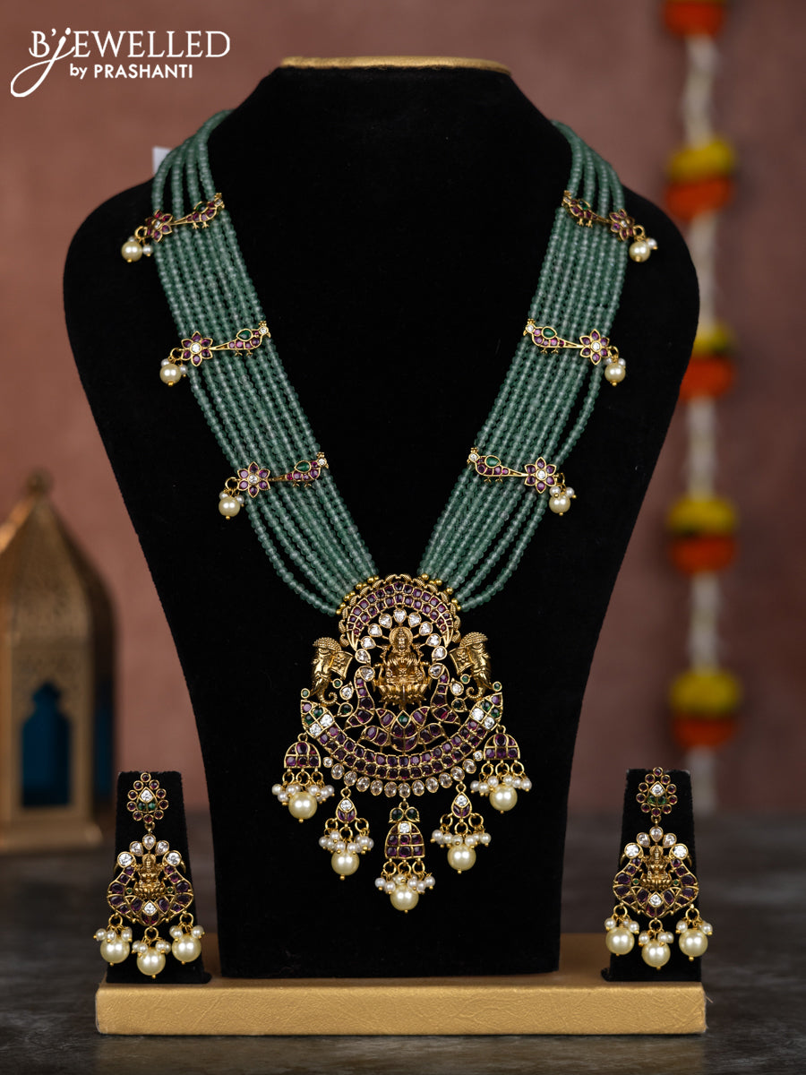 Beaded multilayer mint green necklace lakshmi pendant with kemp & cz stones and pearl hangings