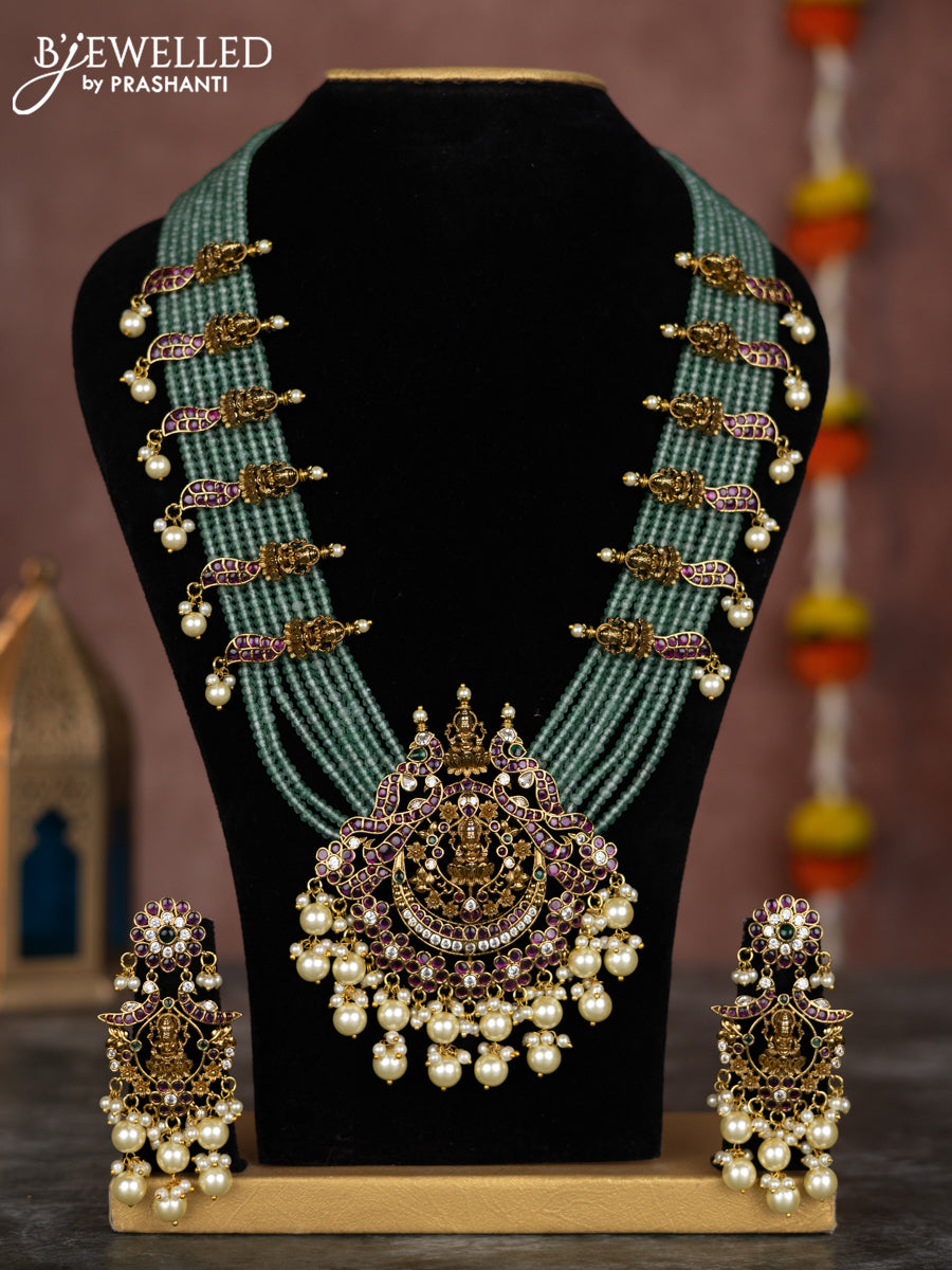 Beaded multilayer mint green necklace lakshmi pendant with kemp & cz stones and pearl hangings