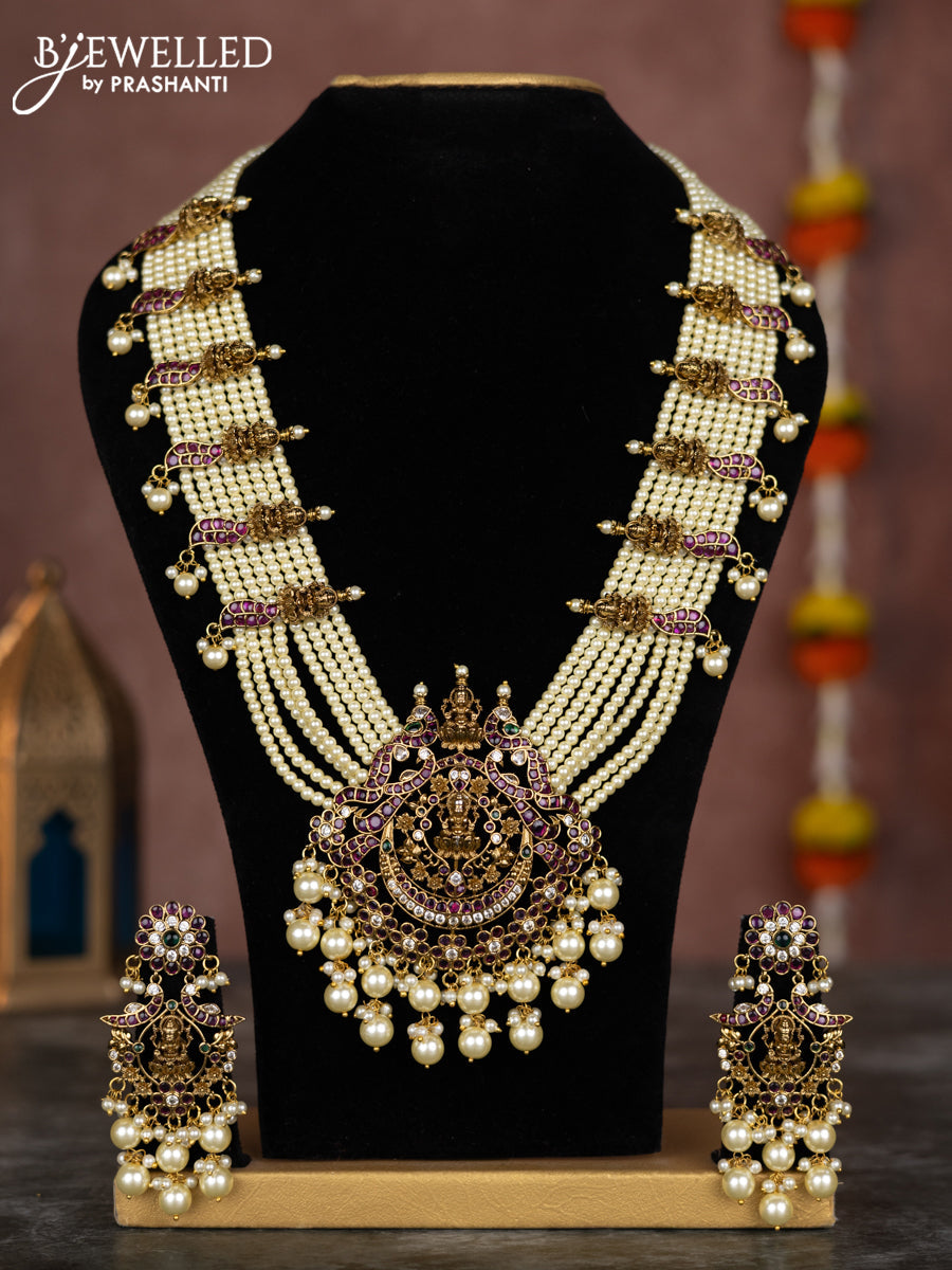 Beaded multilayer white necklace lakshmi pendant with kemp & cz stones and pearl hangings
