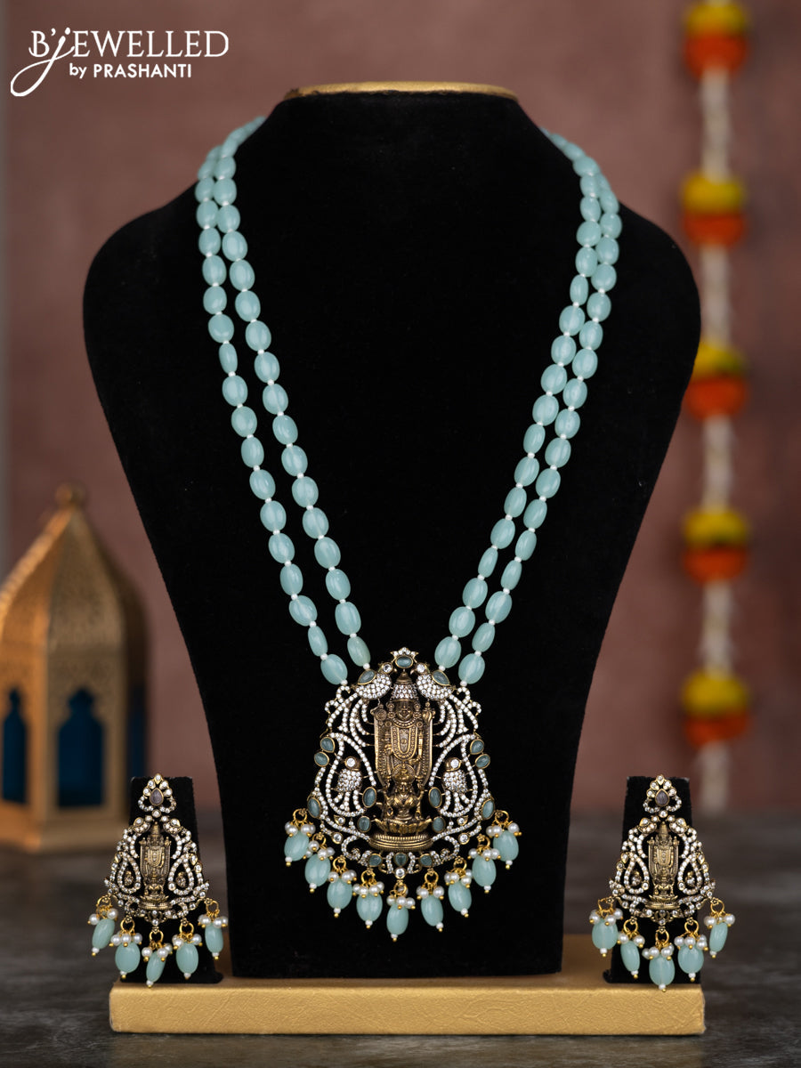 Beaded double layer mint green necklace tirupati balaji pendant with cz stones and pearl & beads hangings in victorian finish