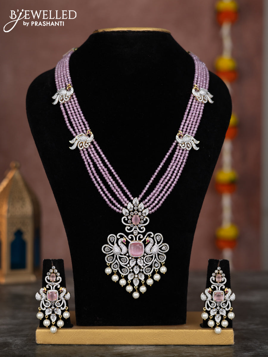 Beaded multilayer baby pink necklace peacock design with cz stones and hangings