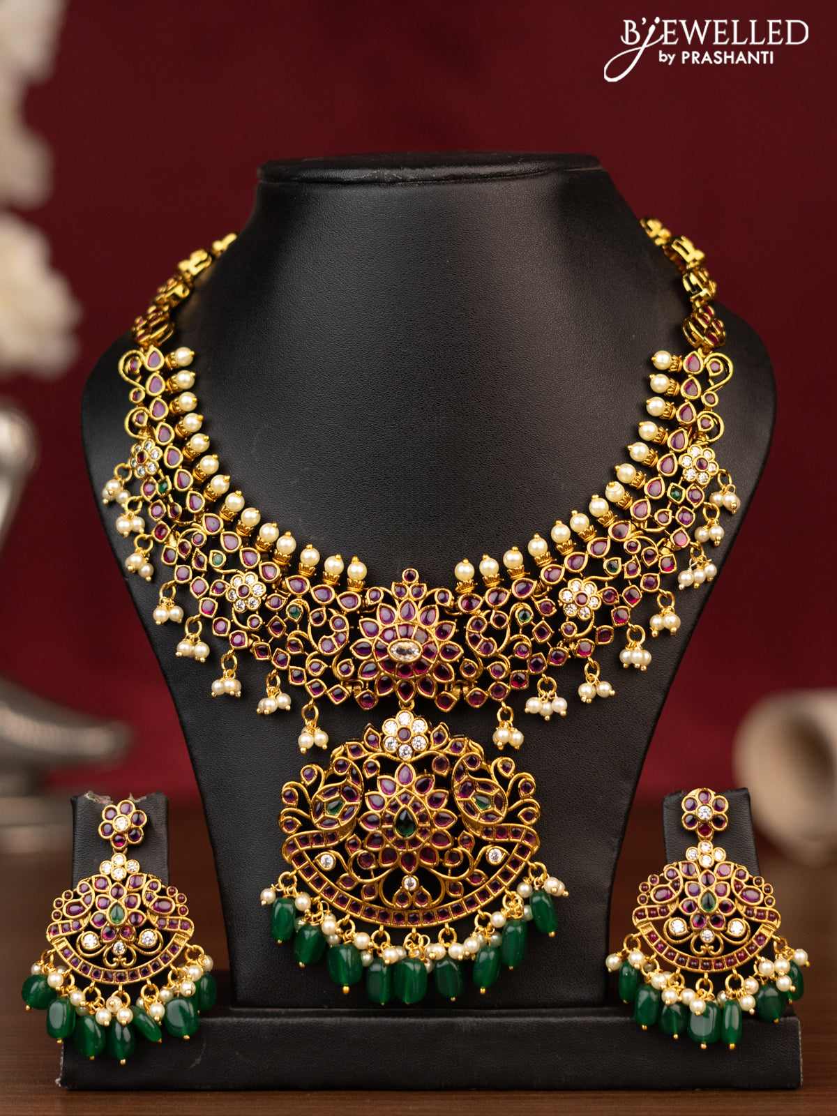 Antique guttapusalu necklace with kemp & cz stones and pearl & beads hanging