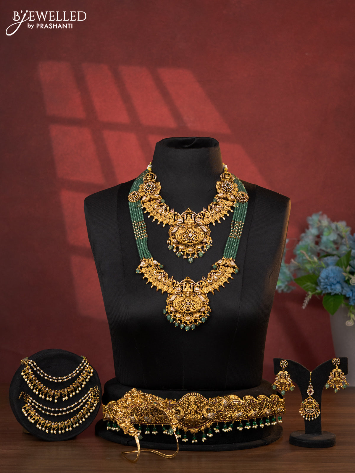 Antique bridal set lakshmi design with kemp cz stones and pearl & golden beads hanging